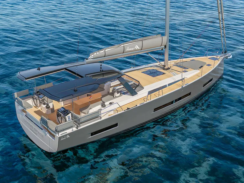 Slide: The Image of 2025 Hanse 590 yacht sailing on clear blue water. - 2