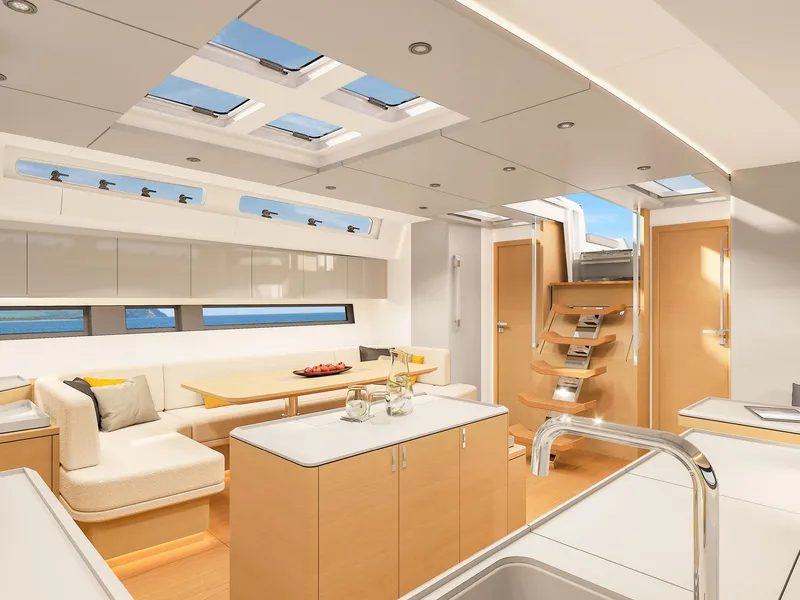 Slide: The Image of Luxurious interior of 2025 Hanse 590 yacht with modern design and skylights. - 21
