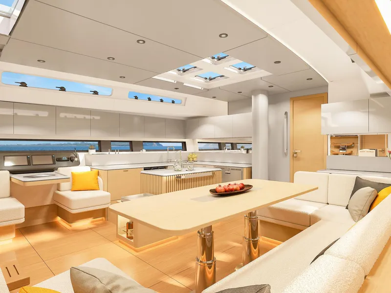 Slide: The Image of Luxurious interior of 2025 Hanse 590 yacht with modern design and spacious seating. - 22