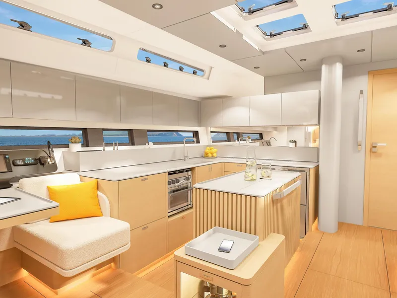 Slide: The Image of Luxurious interior of 2025 Hanse 590 yacht with modern kitchen and seating area. - 23