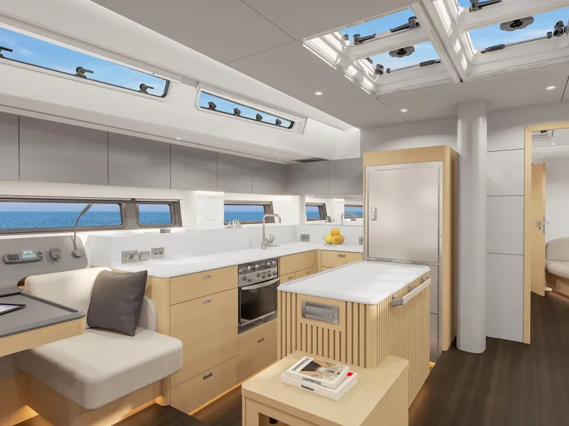 Slide: The Image of Luxurious interior of 2025 Hanse 590 yacht with modern kitchen and seating area. - 24