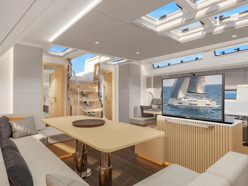 Slide: The Image of Luxurious interior of 2025 Hanse 590 yacht with modern design and spacious seating area. - 27