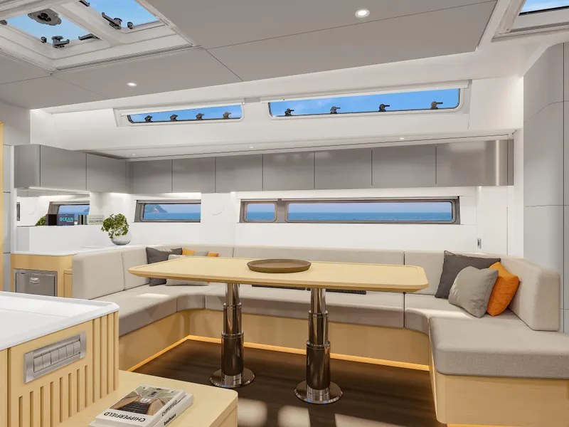 Slide: The Image of Luxurious interior of 2025 Hanse 590 yacht with modern seating and skylights. - 30