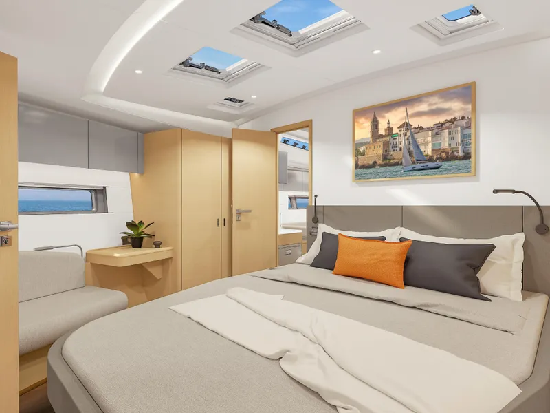 Slide: The Image of Luxurious 2025 Hanse 590 yacht bedroom with skylights and modern decor. - 32