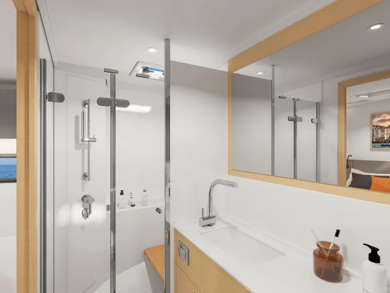 Slide: The Image of Luxurious bathroom interior of 2025 Hanse 590 yacht with modern fixtures and spacious design. - 35