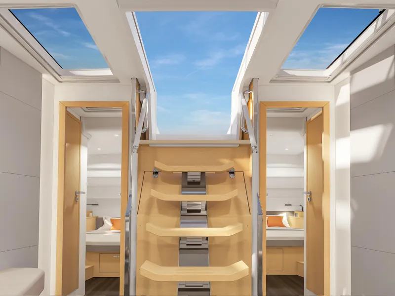 Slide: The Image of Luxurious interior of 2025 Hanse 590 yacht with skylights and modern design. - 38