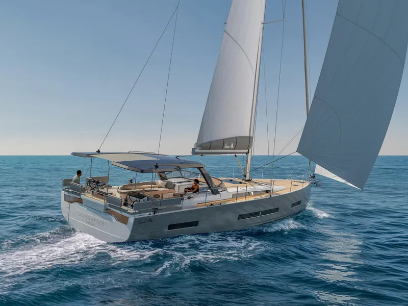 Slide: The Image of 2025 Hanse 590 yacht sailing on open sea under clear skies. - 46