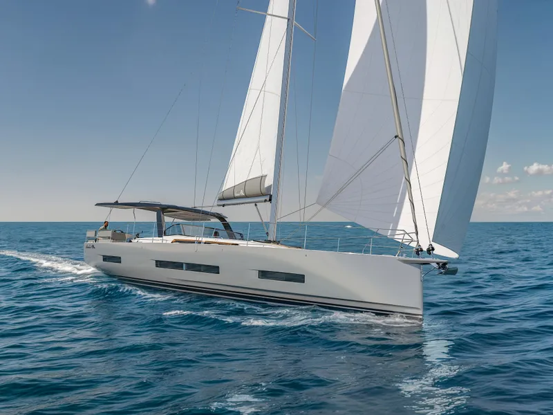 Slide: The Image of 2025 Hanse 590 yacht sailing on open sea under clear skies. - 47