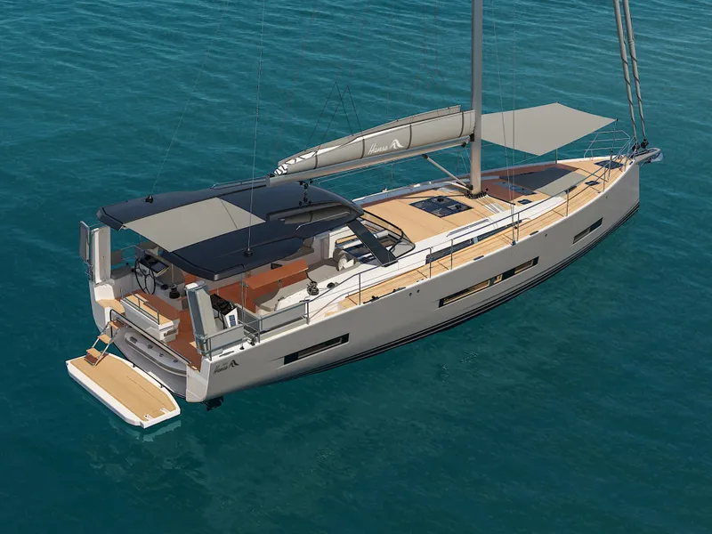 Slide: The Image of 2025 Hanse 590 yacht sailing on clear blue water. - 49