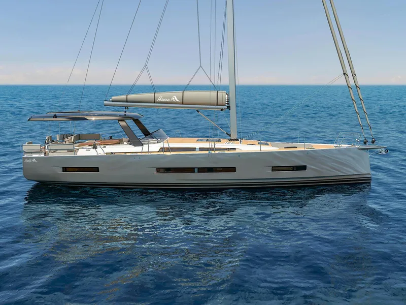 Slide: The Image of 2025 Hanse 590 yacht sailing on open sea, sleek design, modern features. - 6