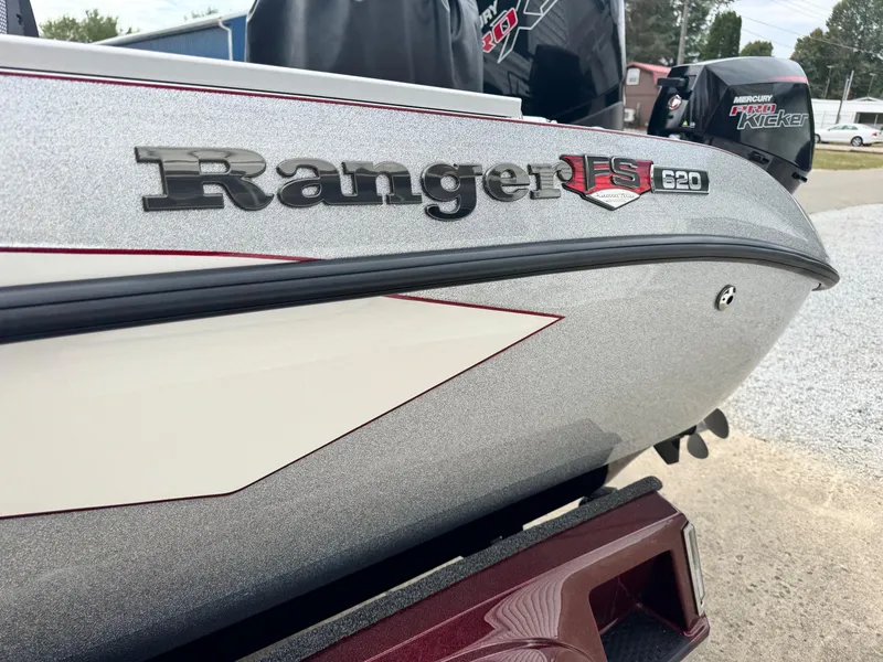 Slide: The Image of 2025 Ranger 620FS Ranger Cup Equipped boat, close-up of logo and design details. - 10