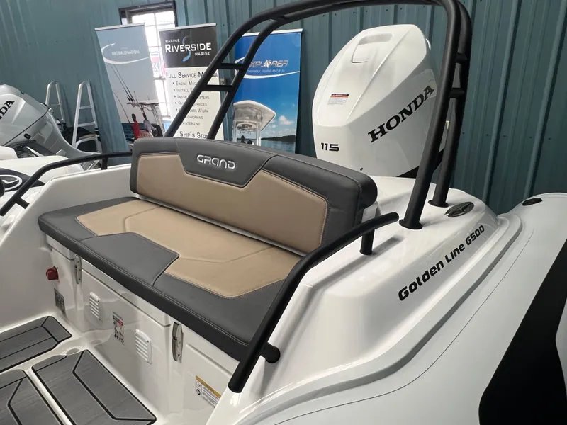 Slide: The Image of 2025 Grand G500HLF boat with Honda engine, featuring comfortable seating and modern design. - 5