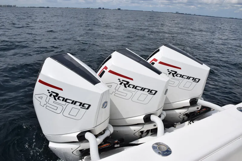 Slide: The Image of Triple Mercury Racing 450 engines on a 2020 SeaVee 370z boat. - 29