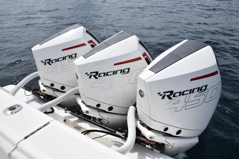Slide: The Image of Triple Mercury Racing 450 outboard engines on 2020 SeaVee 370z boat. - 30