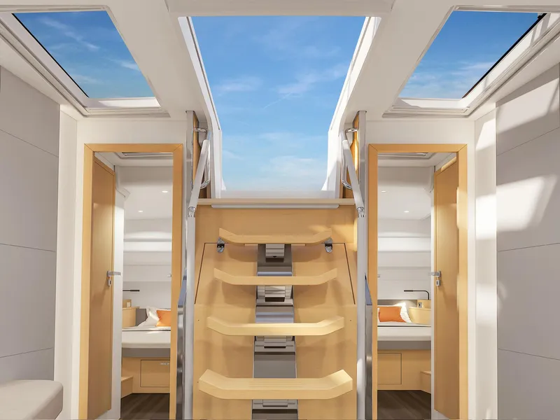Slide: The Image of Luxurious interior of 2025 Hanse 590 yacht with skylights and modern design. - 10