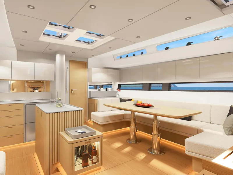 Slide: The Image of Luxurious interior of 2025 Hanse 590 yacht with modern kitchen and dining area. - 16
