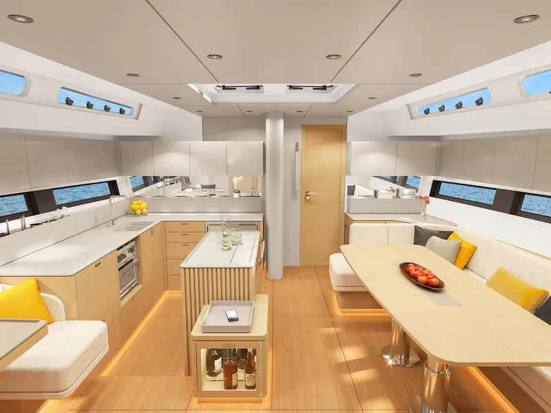 Slide: The Image of Luxurious interior of 2025 Hanse 590 yacht with modern kitchen and dining area. - 17