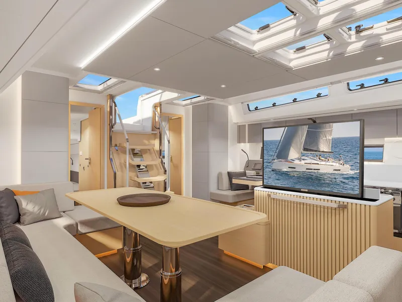 Slide: The Image of Luxurious interior of 2025 Hanse 590 yacht with modern design and spacious seating area. - 19