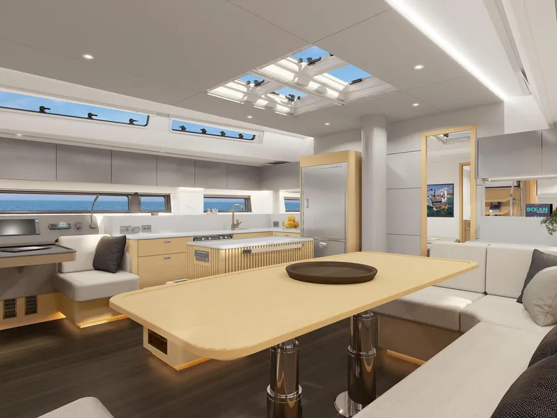 Slide: The Image of Luxurious interior of 2025 Hanse 590 yacht with modern kitchen and seating area. - 20