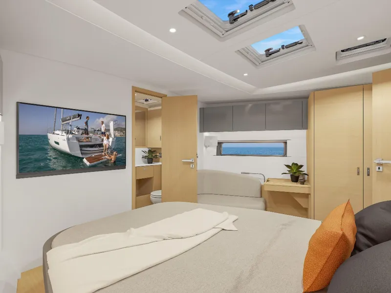 Slide: The Image of Luxurious interior of 2025 Hanse 590 yacht with modern furnishings and skylights. - 25