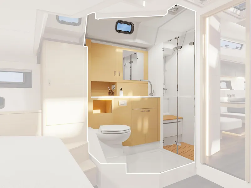 Slide: The Image of Luxurious 2025 Hanse 590 yacht bathroom with modern fixtures and elegant wood cabinetry. - 26