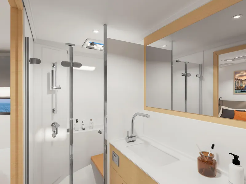 Slide: The Image of Luxurious bathroom in 2025 Hanse 590 yacht with modern fixtures and spacious design. - 27