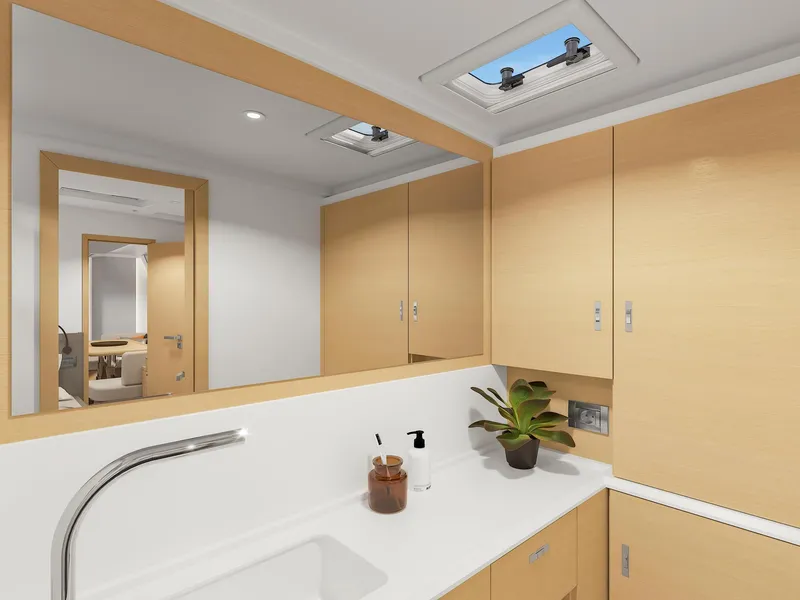 Slide: The Image of Modern bathroom interior on 2025 Hanse 590 yacht, featuring sleek design and natural wood finishes. - 28