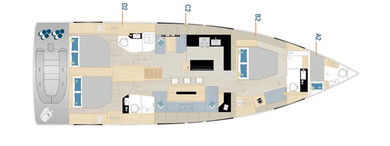 Slide: The Image of Floor plan of 2025 Hanse 590 yacht, showcasing interior layout and cabin arrangement. - 29