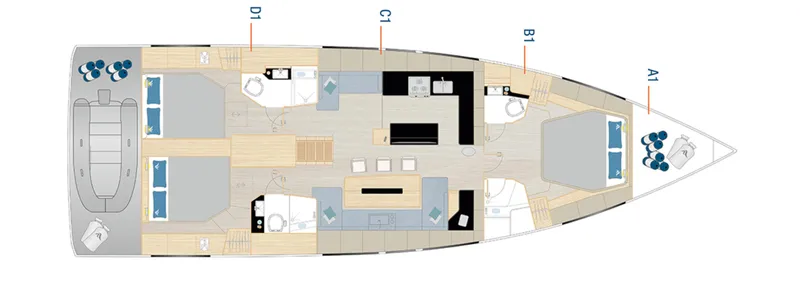 Slide: The Image of Floor plan of a 2025 Hanse 590 yacht, showcasing interior layout and cabin arrangement. - 30