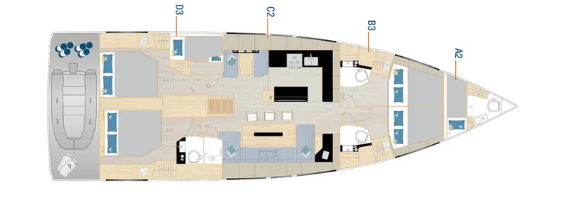 Slide: The Image of Floor plan of a 2025 Hanse 590 yacht, showcasing interior layout and cabin arrangement. - 31