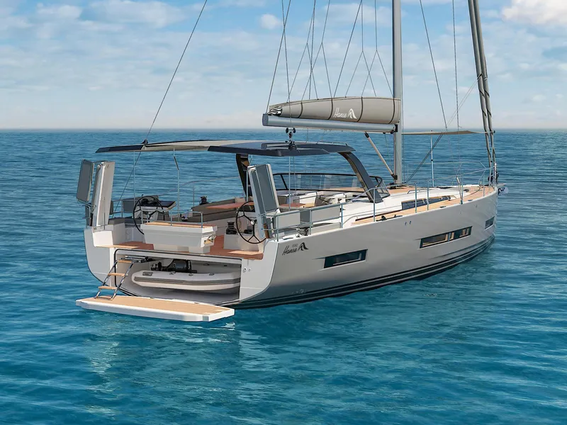 Slide: The Image of 2025 Hanse 590 yacht sailing on calm blue ocean waters. - 4