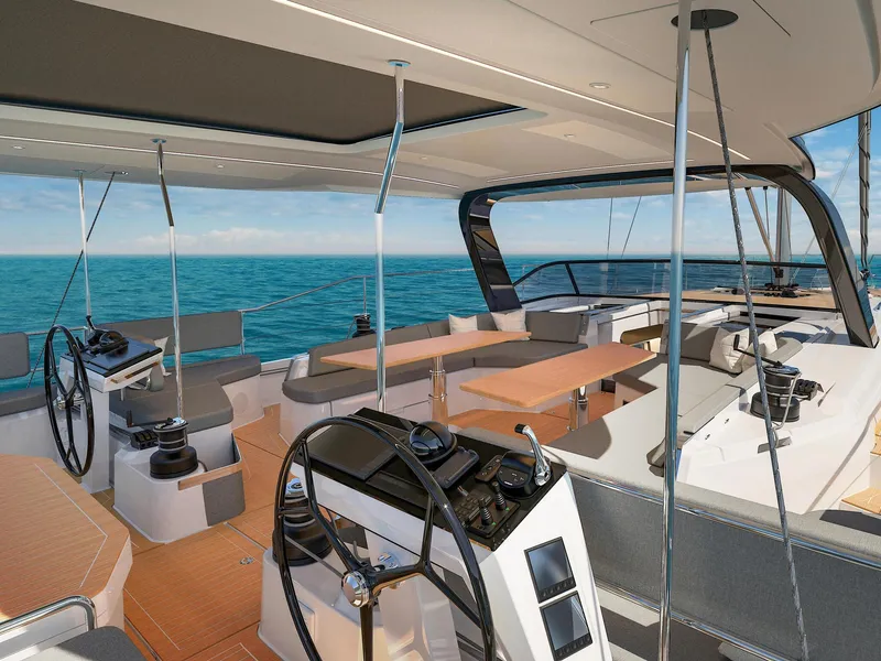 Slide: The Image of 2025 Hanse 590 yacht cockpit with modern design and ocean view. - 7