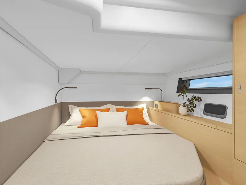 Slide: The Image of Luxurious cabin interior of 2025 Hanse 590 yacht with modern design and cozy bedding. - 9