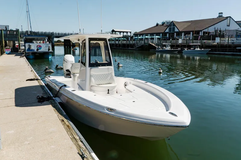 Slide: The Image of 2024 Blackwater 23 Hybrid boat docked at a marina with waterfront buildings. - 8
