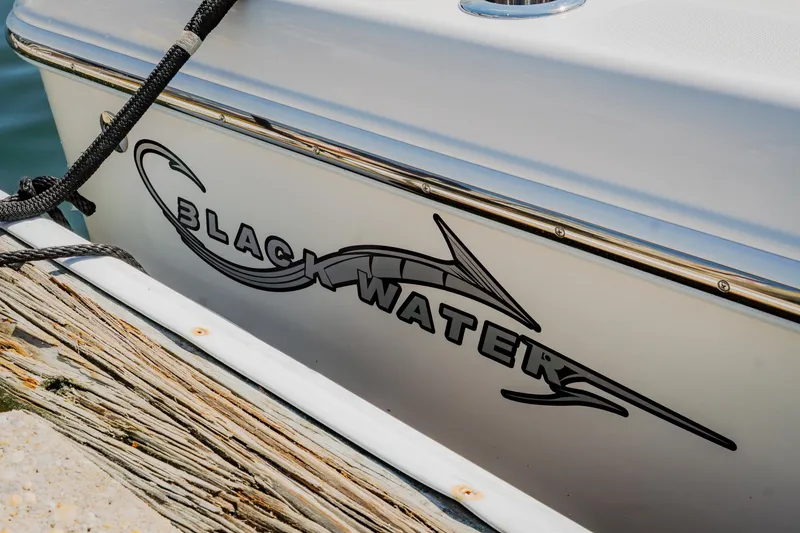 Slide: The Image of 2024 Blackwater 23 Hybrid boat docked, showcasing sleek design and logo. - 9
