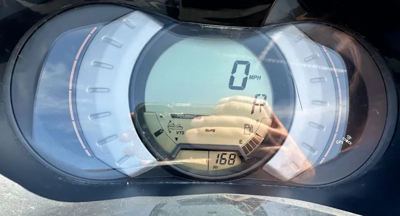 Slide: The Image of Dashboard of a 2015 Sea-Doo GTI SE 130 showing 0 MPH and 168 hours. - 10