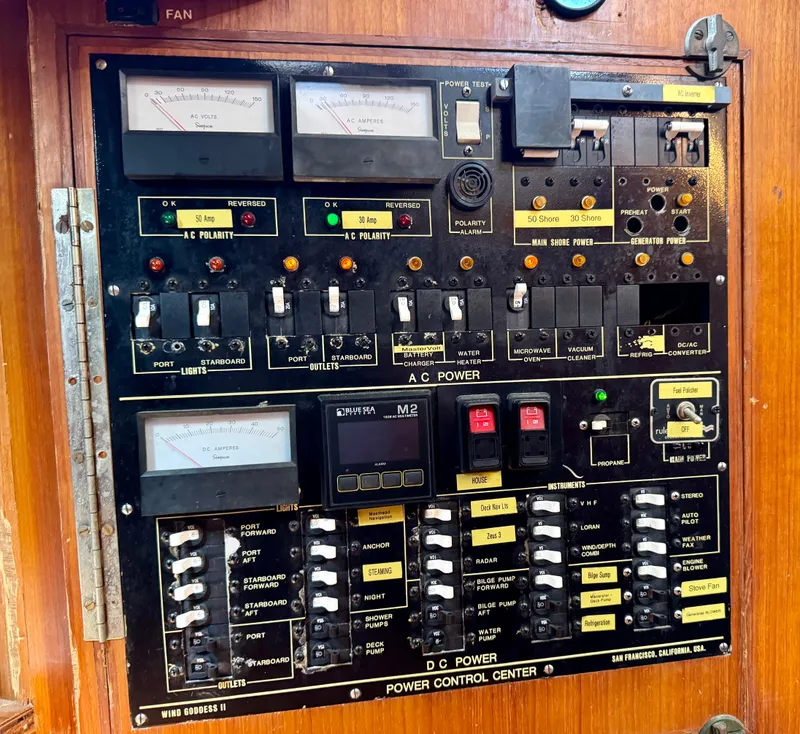 Slide: The Image of Electrical control panel on a 1983 Tayana 52 Aft Cockpit sailboat. - 30