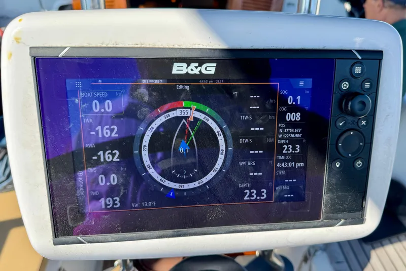 Slide: The Image of B&G navigation display on 1983 Tayana 52 Aft Cockpit sailboat showing sailing data. - 39
