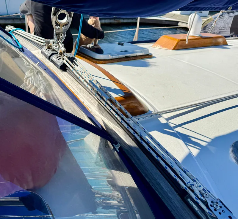 Slide: The Image of 1983 Tayana 52 Aft Cockpit sailboat deck with rigging and hatch details. - 42