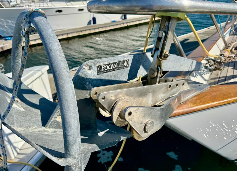 Slide: The Image of Anchor system on 1983 Tayana 52 Aft Cockpit sailboat, featuring Rocna 40 anchor. - 49