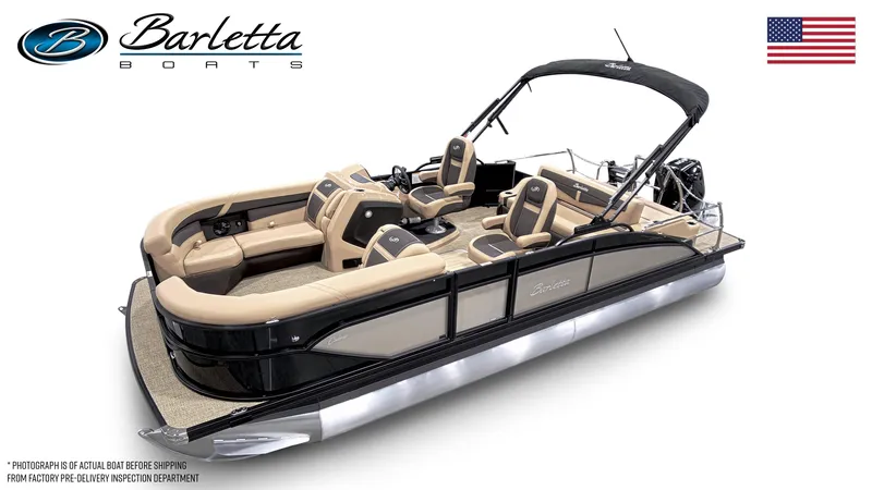 Slide: The Image of 2024 Barletta Cabrio C22UC pontoon boat with luxurious seating and sleek design. - 1