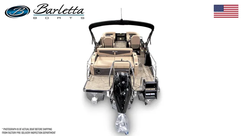 Slide: The Image of 2024 Barletta Cabrio C22UC pontoon boat, rear view with seating and motor. - 2