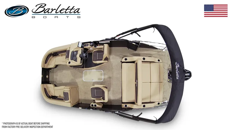 Slide: The Image of 2024 Barletta Cabrio C22UC pontoon boat, top view, beige seating, black canopy, American flag. - 5