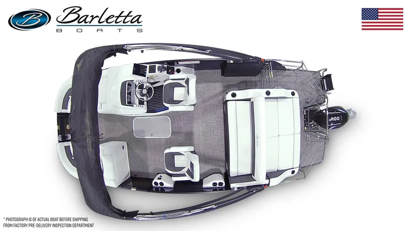 Slide: The Image of 2024 Barletta CORSA 23UCA pontoon boat, top view, showcasing spacious seating and modern design. - 4