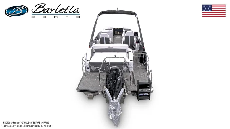 Slide: The Image of 2024 Barletta CORSA 23UCA boat, rear view, with American flag and logo. - 5