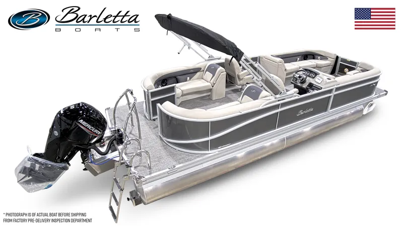 Slide: The Image of 2024 Barletta Aria A24QC pontoon boat with Mercury engine, sleek design, and spacious seating. - 2