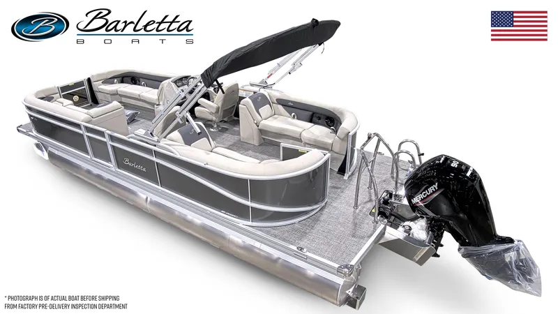 Slide: The Image of 2024 Barletta Aria A24QC pontoon boat with Mercury engine, elegant seating, and sleek design. - 3