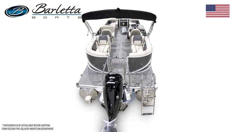 Slide: The Image of 2024 Barletta Aria A24QC pontoon boat with seating, motor, and canopy, viewed from above. - 4