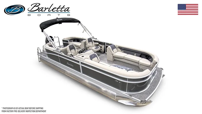 Slide: The Image of 2024 Barletta Aria A24QC pontoon boat with elegant seating and sleek design. - 5