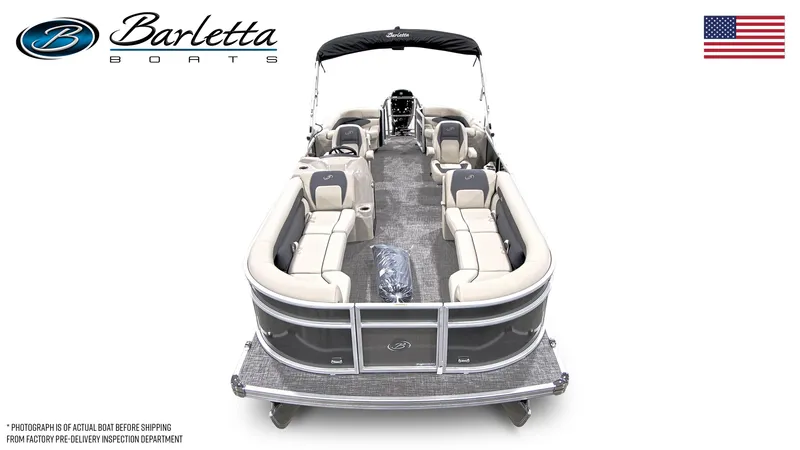 Slide: The Image of 2024 Barletta Aria A24QC pontoon boat, spacious seating, sleek design, American flag. - 6